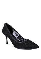 Elegant black reunion high heel shoes with floral lace detailing for special occasions