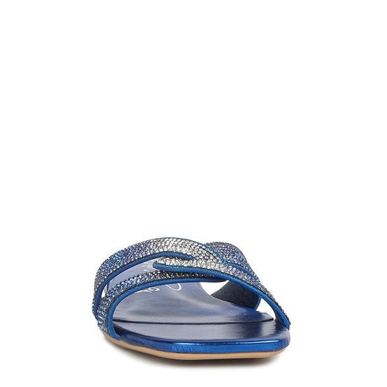 Rhinestone cross strap sandals in blue with stylish woven design for summer outings