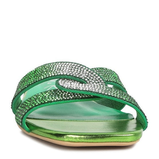 Rhinestone cross strap sandals in green with sparkling embellishments for stylish summer footwear