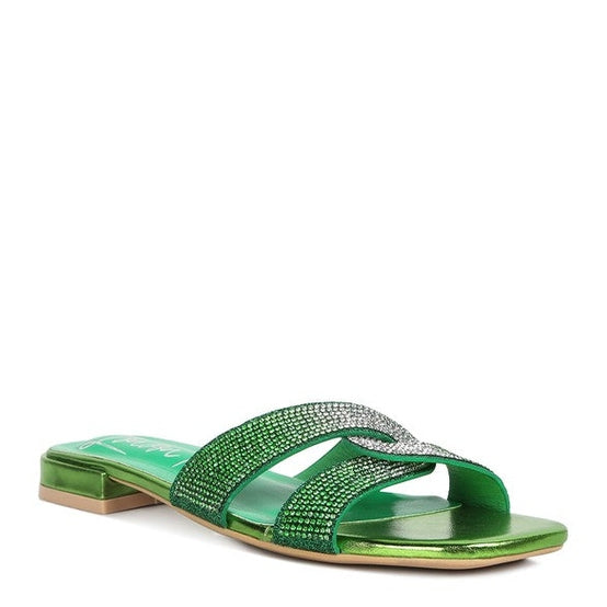 Rag Company rhinestone cross strap sandals in green with stylish shimmering details