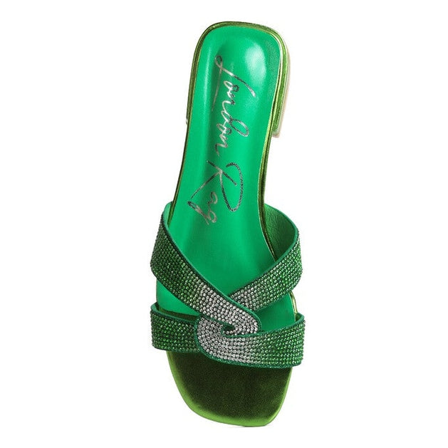 Elegant green rhinestone cross strap sandals with a chic design for stylish summer outfits