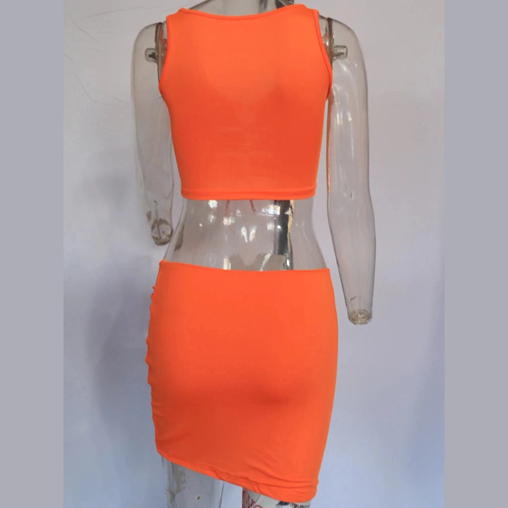 Back view of bright orange sexy club mini dress with sleeveless crop top and fitted skirt