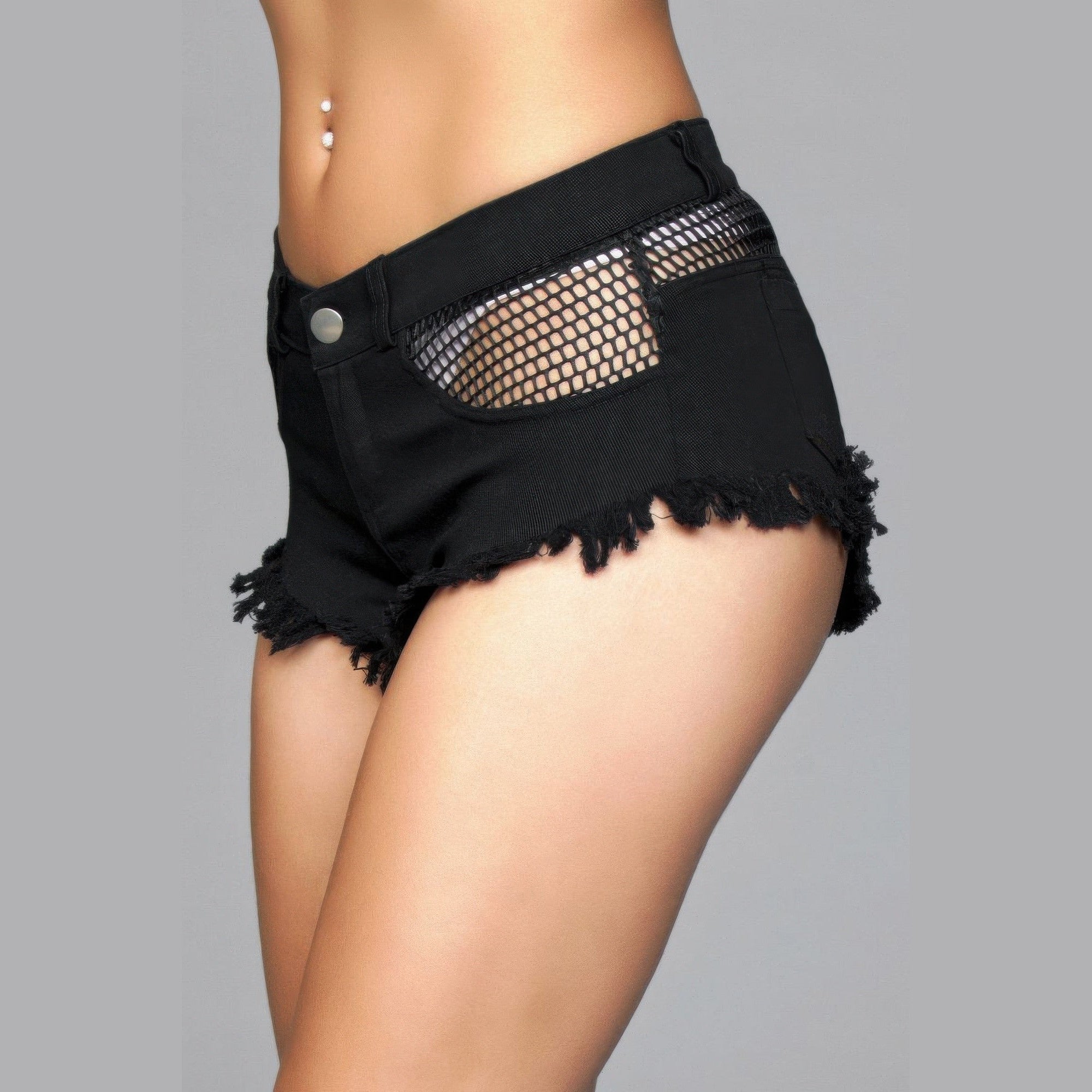 VacationGrabs women's black distressed shorts featuring sexy fishnet pocket shorts design