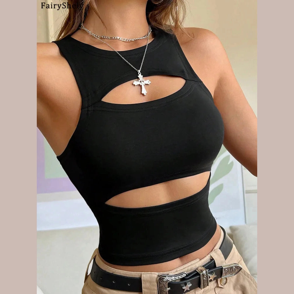 Black sexy hollow bodycon crop top with cutout details worn with beige pants and belt