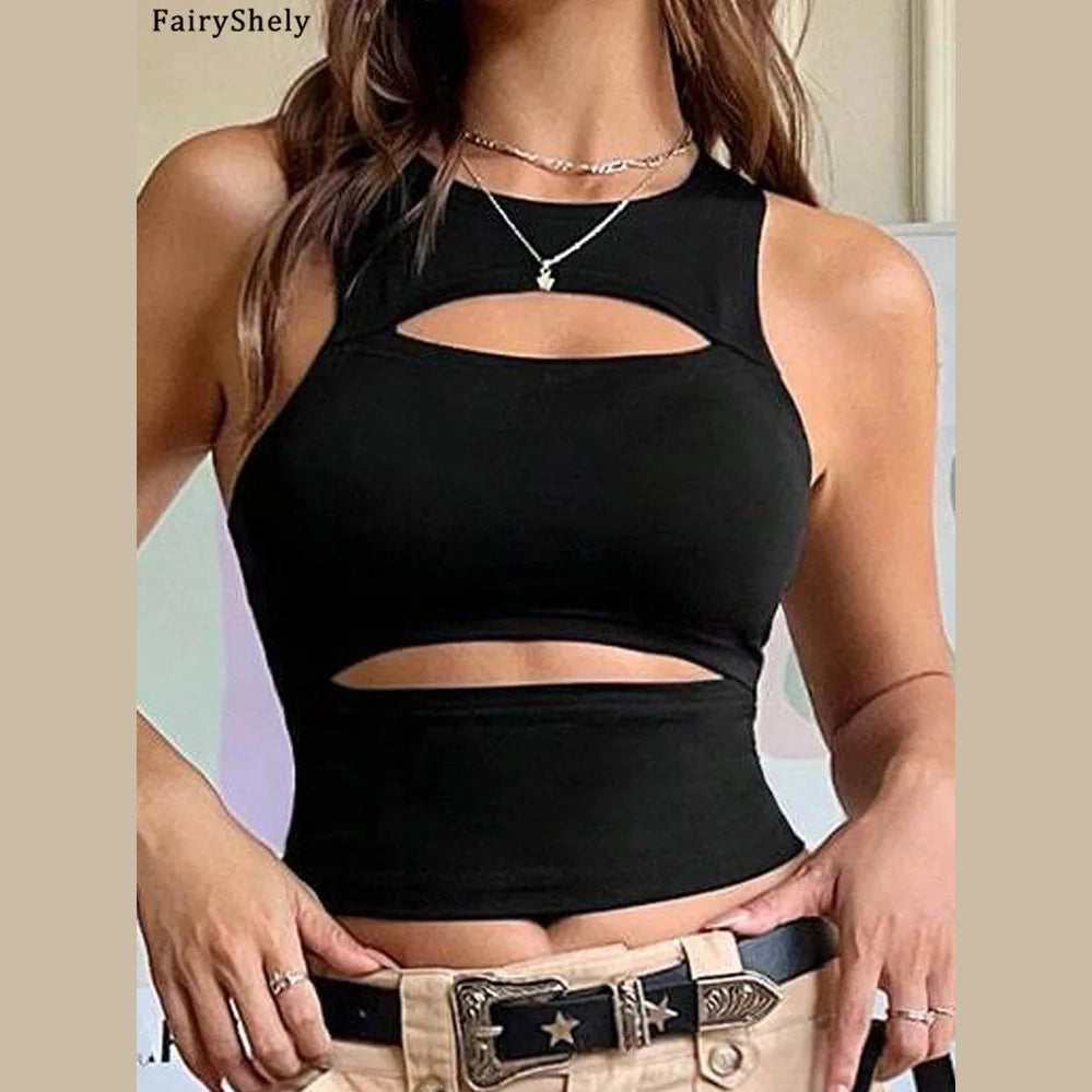 Black sexy hollow bodycon crop top with cutout design worn with beige belt and casual pants