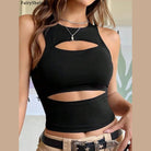 Black sexy hollow bodycon crop top with front cutouts styled with beige pants and silver jewelry