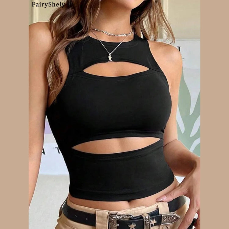 Black sexy hollow bodycon crop top with front cutouts styled with beige pants and silver jewelry