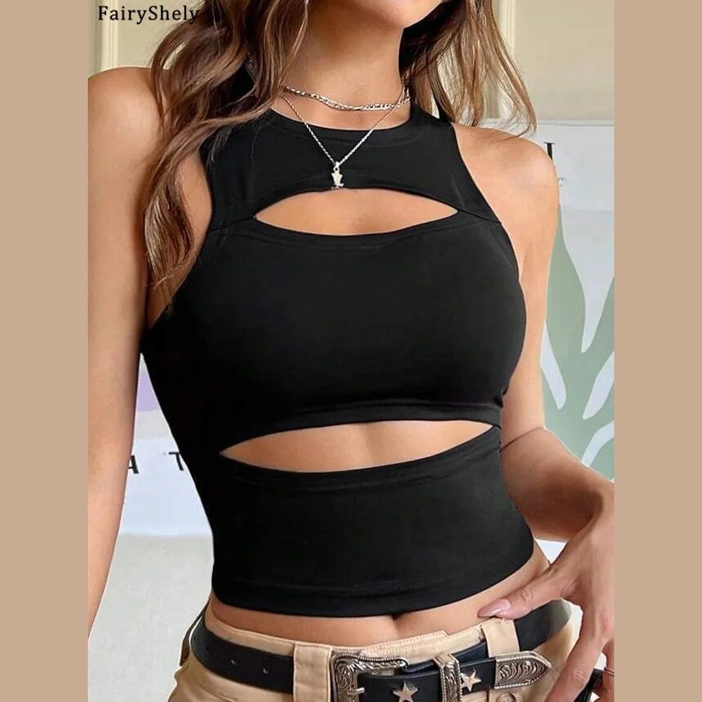 Black sexy hollow bodycon crop top with front cutouts styled with beige pants and silver jewelry
