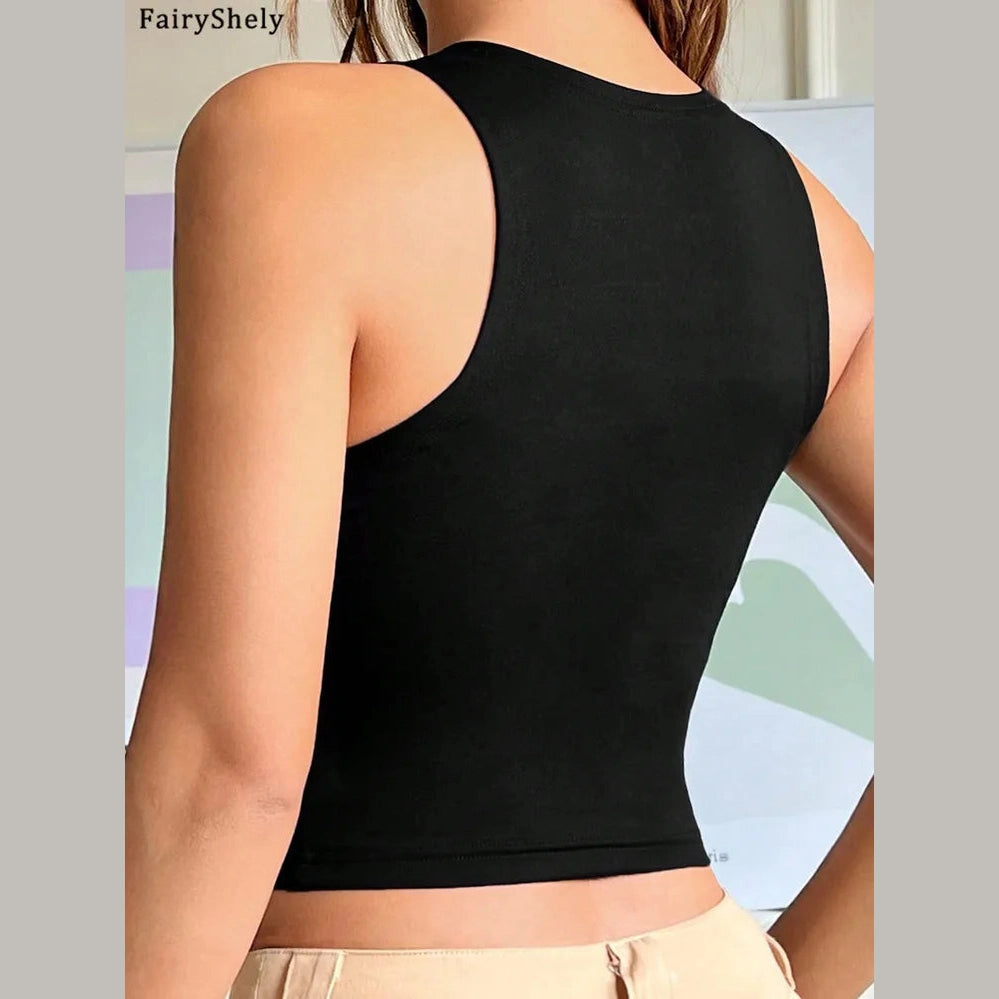 Back view of a woman wearing a black sexy hollow bodycon crop top with a sleeveless design