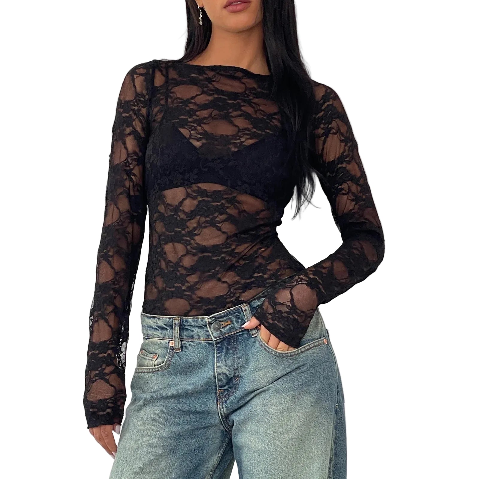 Woman wearing a black sexy lace crop top set with long sleeves paired with blue jeans