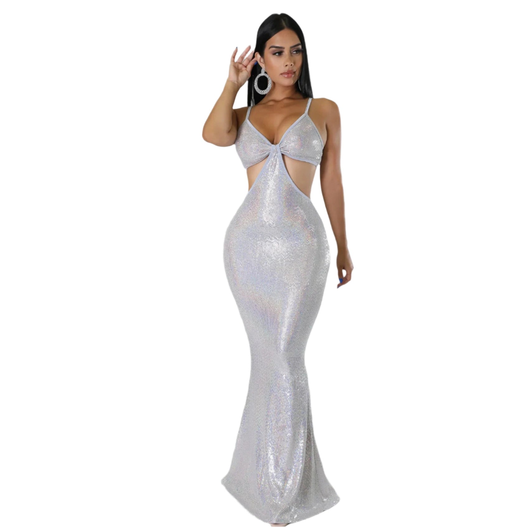 Silver sequin sexy vacation maxi dress with cutouts and spaghetti straps by VacationGrabs