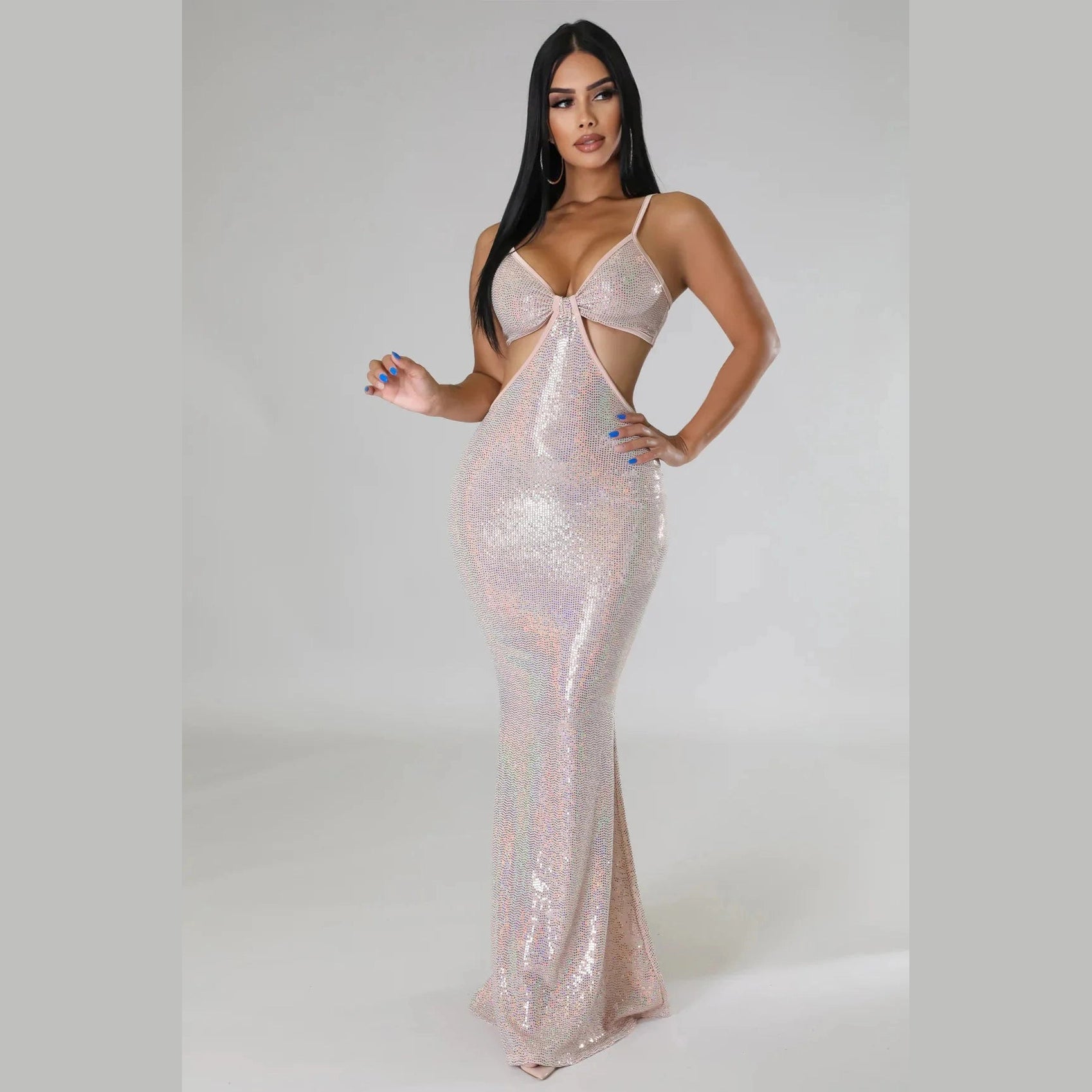 VacationGrabs sexy vacation maxi dress with glittery fabric and cutout sides for women