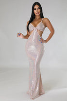 VacationGrabs sexy vacation maxi dress with shimmering fabric and cutout sides on model
