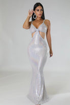 Silver shimmering sexy vacation maxi dress with cutouts and spaghetti straps by VacationGrabs