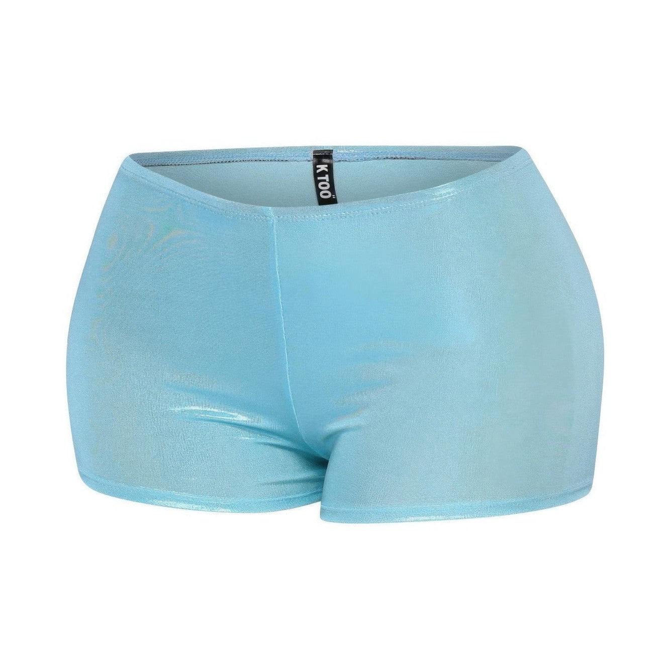 Shimmer high waisted shorts women in light blue shiny fabric for stylish summer wear