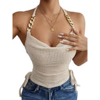 Beige sleeveless bodycon halter top for women with gold chain straps and textured fabric
