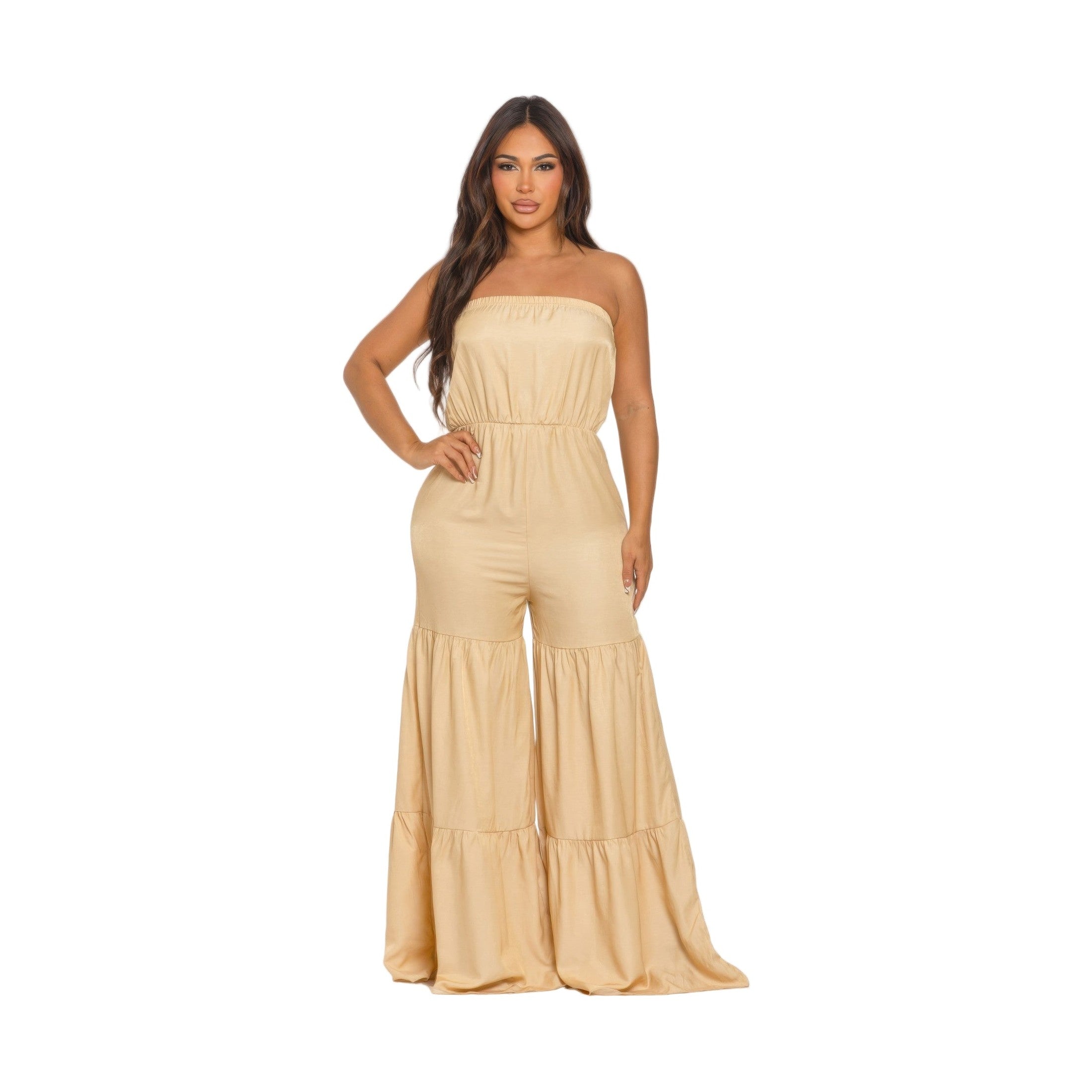Stylish strapless vacation jumpsuit in beige with flowy wide-leg design for summer outings