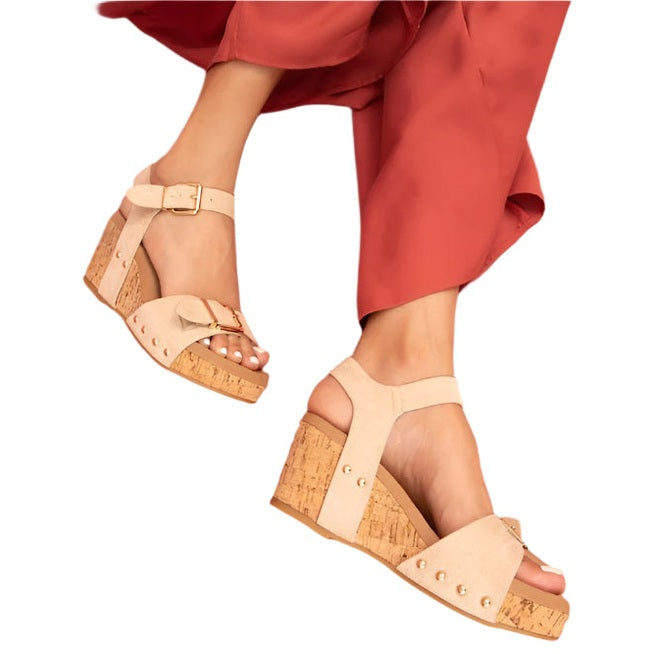 Maker's Shoes women's stylish cork platform sandals with beige straps and buckle closure