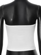 White summer strapless crop top on black mannequin back view by VacationGrabs