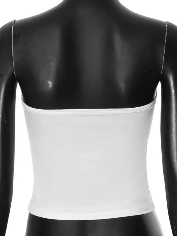White summer strapless crop top on black mannequin back view by VacationGrabs