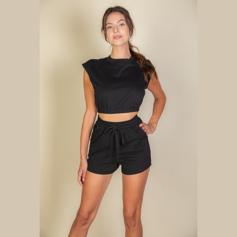 Capella black summer two piece lounge outfit with sleeveless crop top and drawstring shorts