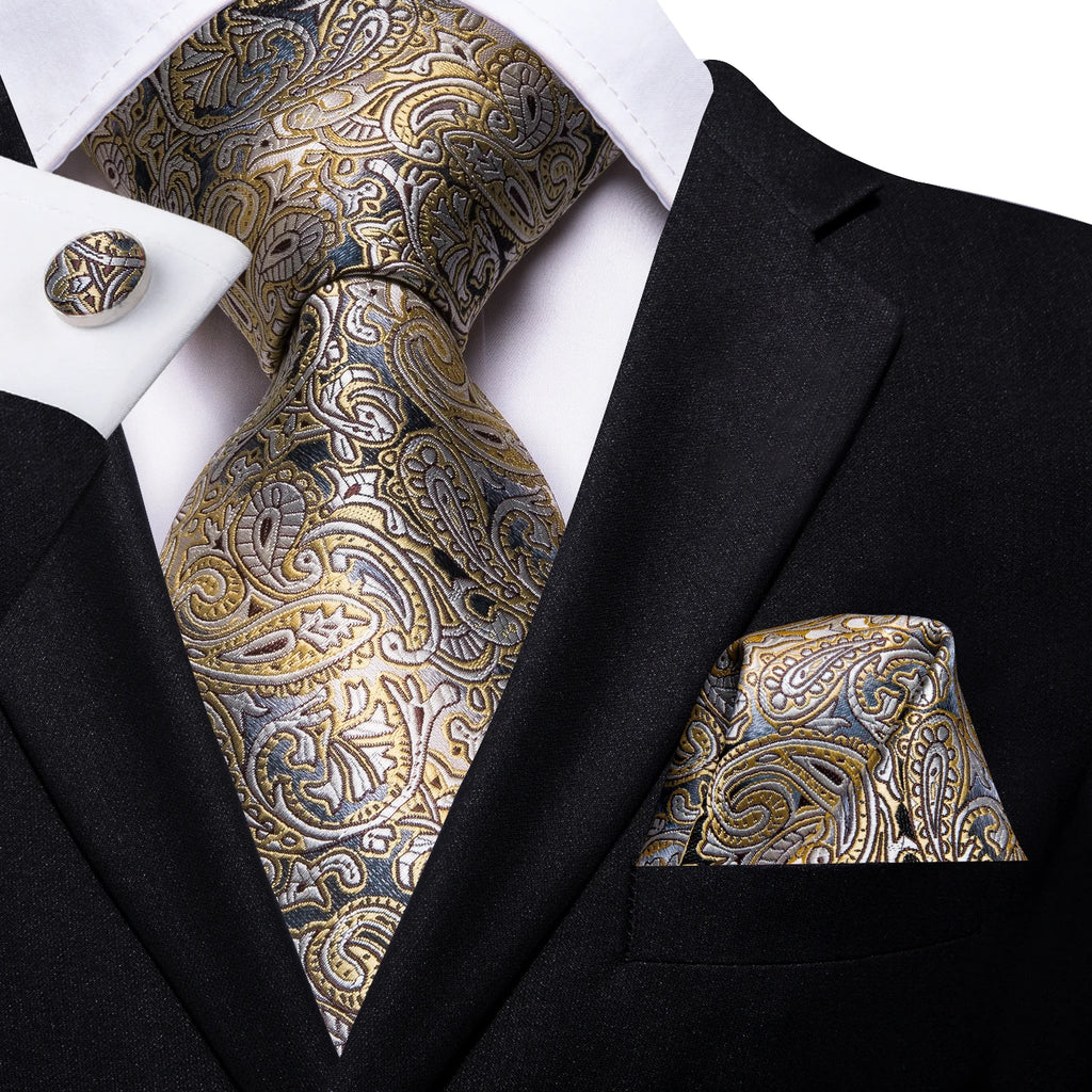 Men's paisley tie silk in gold and blue, perfect for formal events