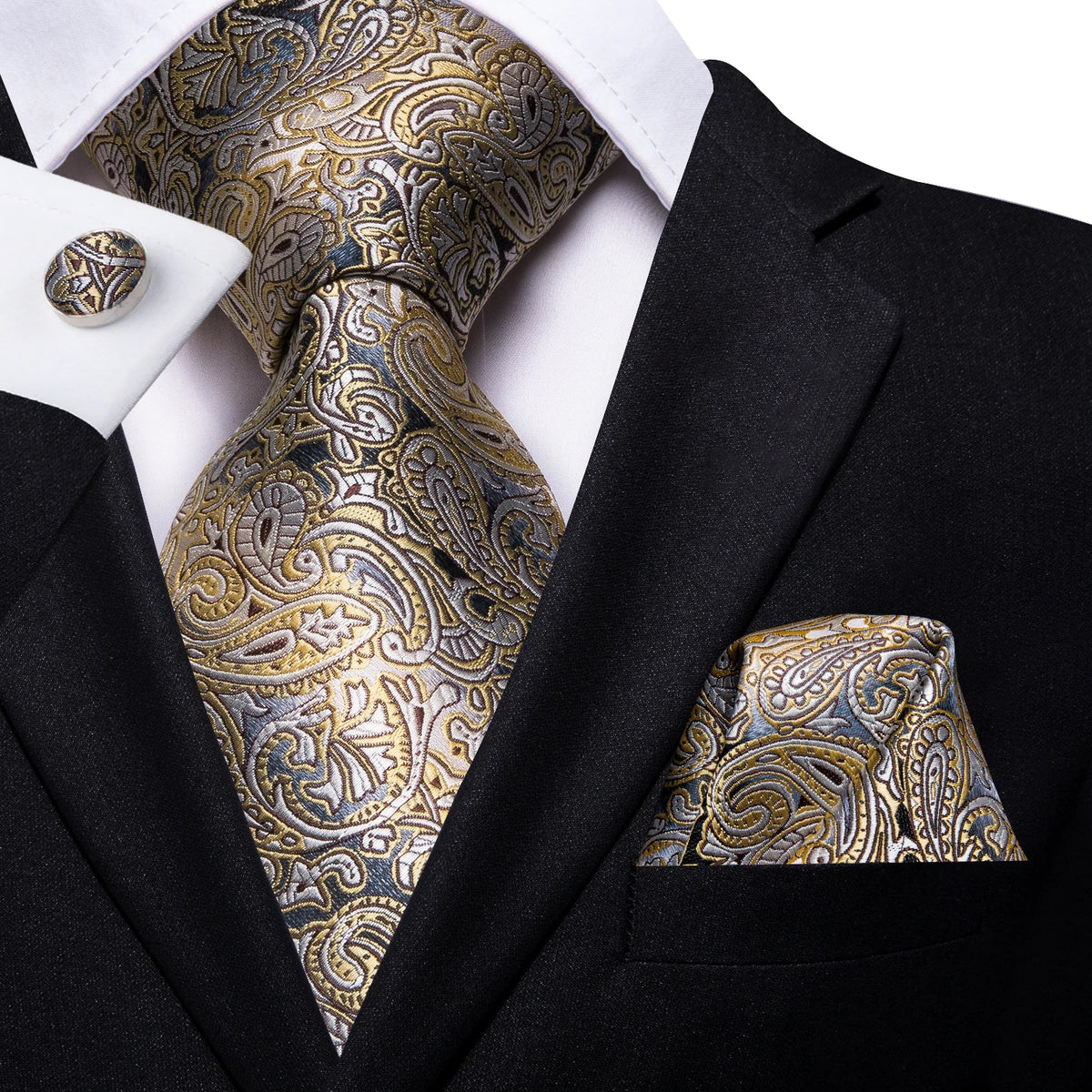 Men's paisley tie silk in gold and blue, perfect for formal events
