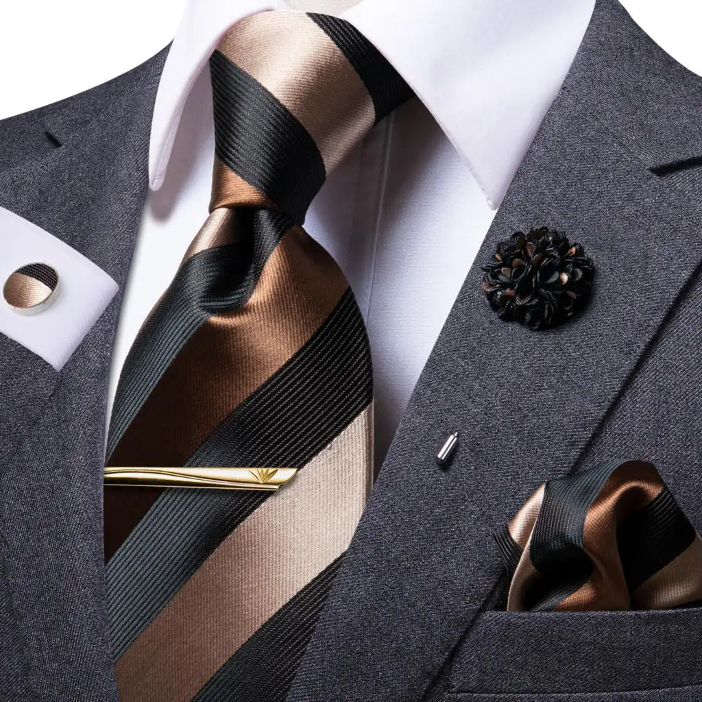 Men's striped tie silk in brown and black for formal occasions