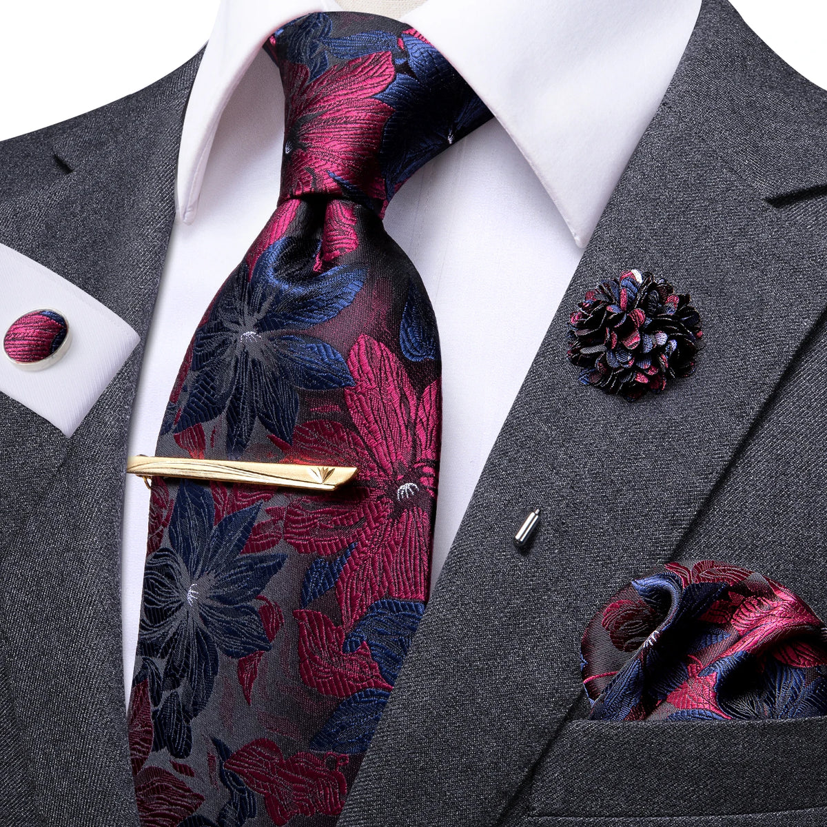 Floral patterned tie silk in navy and burgundy for formal occasions