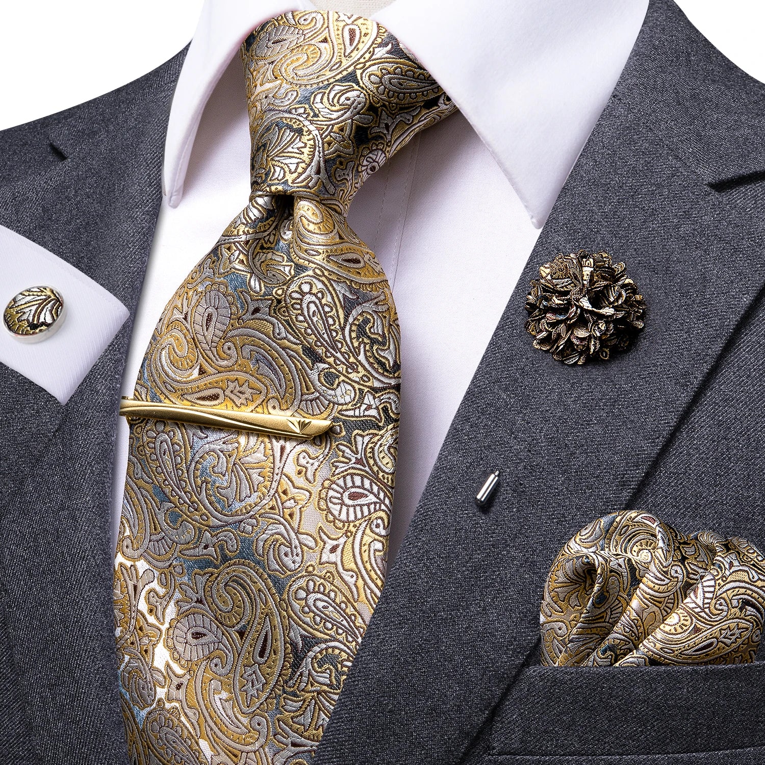 Men's gold paisley tie silk, elegant accessory for formal occasions