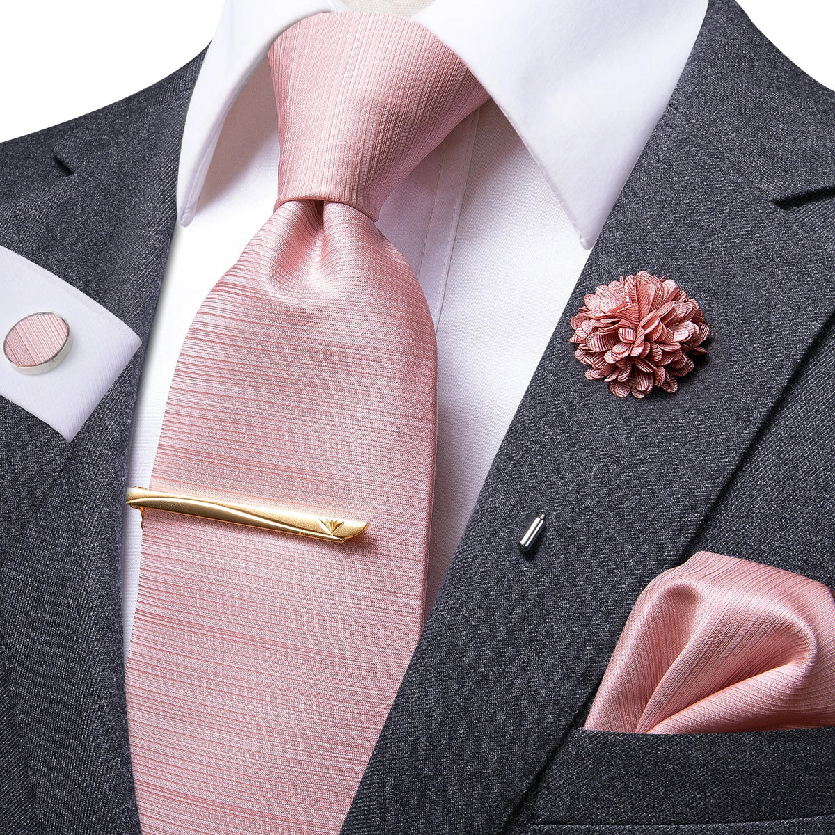 Men's pink tie silk with matching pocket square for formal occasions