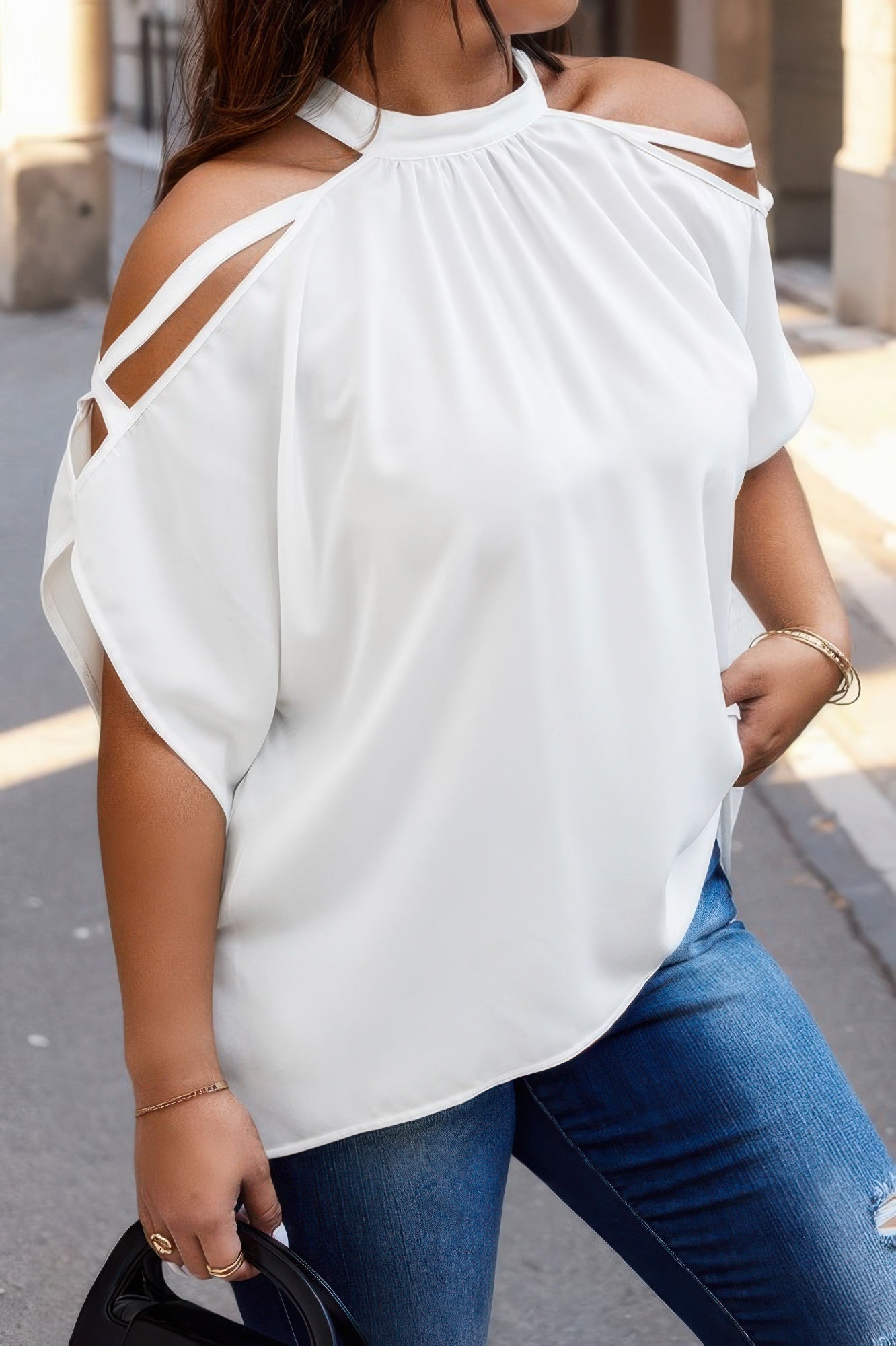 VacationGrabs trendy plus size cold shoulder shirt in white with cutout shoulder details
