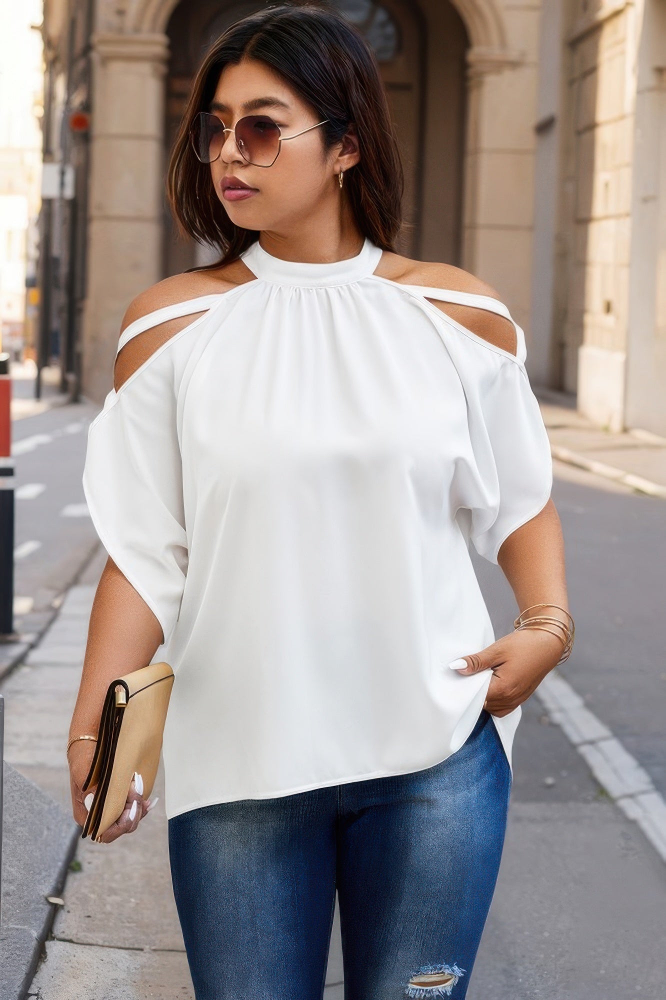 VacationGrabs trendy plus size cold shoulder shirt in white with cutout shoulder design and relaxed fit