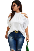VacationGrabs trendy plus size cold shoulder shirt in white worn with distressed jeans