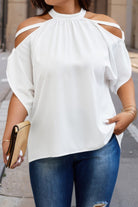 VacationGrabs trendy plus size cold shoulder shirt in white with cutout shoulder design