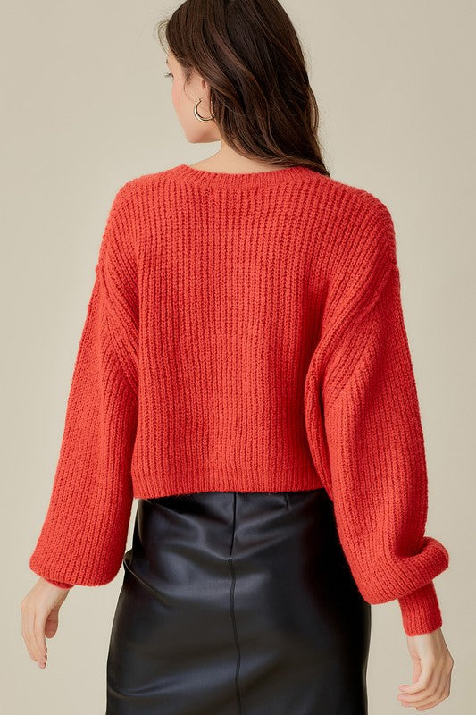 Mustard Seed red chunky knit trendy sweater tops for women with balloon sleeves and cropped length