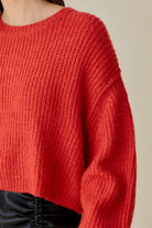 Mustard Seed cozy red knit trendy sweater tops for women with a relaxed fit and textured pattern