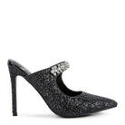Rag Company Twinklet party heels in black glitter with a stylish gemstone accent and stiletto heel