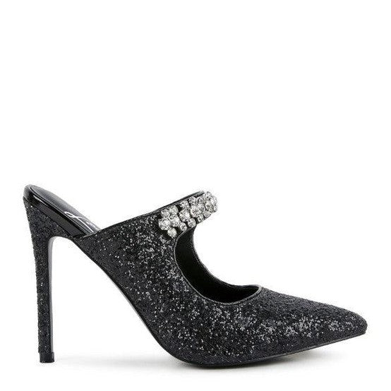 Rag Company Twinklet party heels in black glitter with a stylish gemstone accent and stiletto heel
