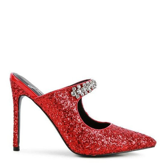 Rag Company Twinklet party heels in red glitter with a stylish design and elegant pointed toe