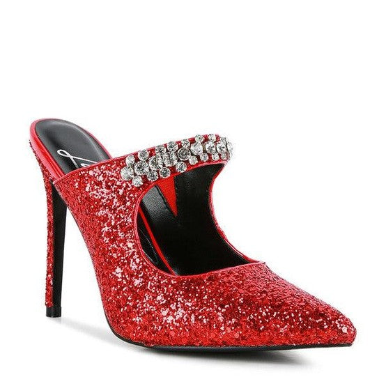 Rag Company Twinklet party heels in red glitter with rhinestone accents and pointed toe design