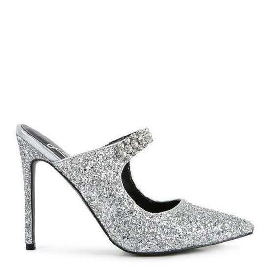 Rag Company Twinklet party heels in silver glitter with pointed toe and elegant strap