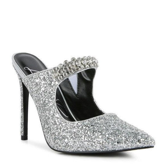 Rag Company Twinklet party heels in silver glitter with stylish cutout design and high stiletto heel