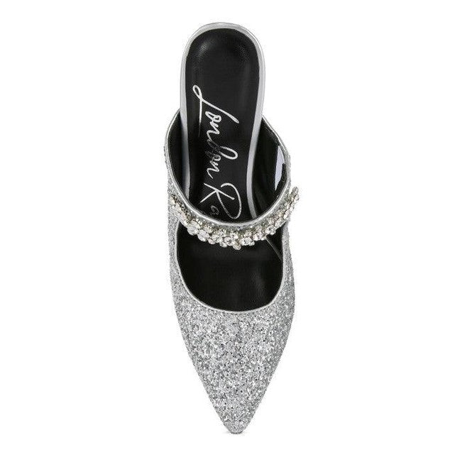 Rag Company Twinklet party heels with sparkling silver design and elegant rhinestone strap