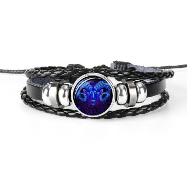 Unique zodiac sign wristbands for men featuring braided leather and a blue ram emblem