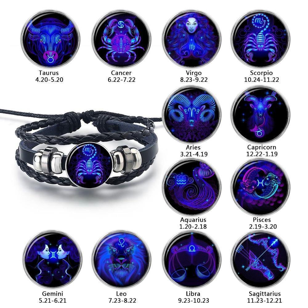 Unique zodiac sign wristbands featuring designs for each zodiac month with vibrant colors and symbols