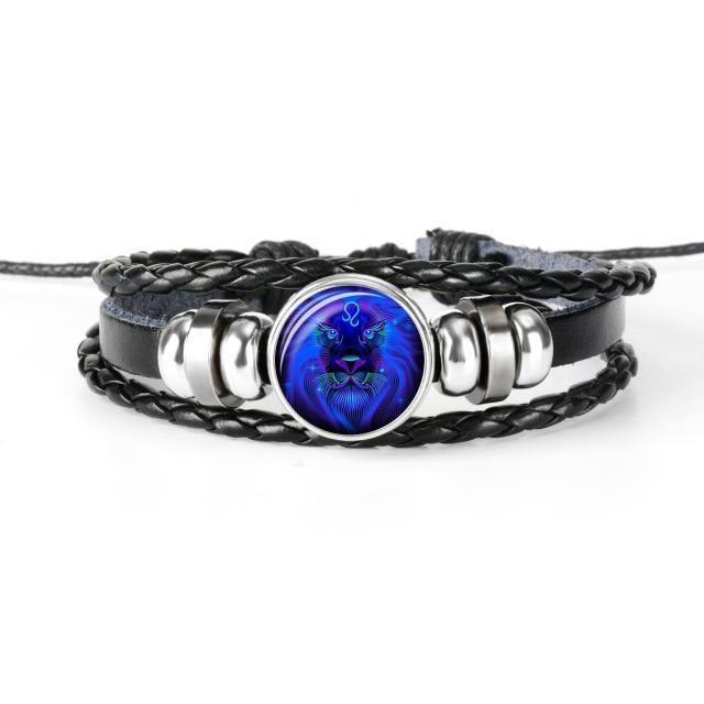 Unique zodiac sign wristbands featuring a vibrant lion design on braided leather band