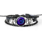 Unique zodiac sign wristbands featuring a braided leather design and colorful zodiac emblem