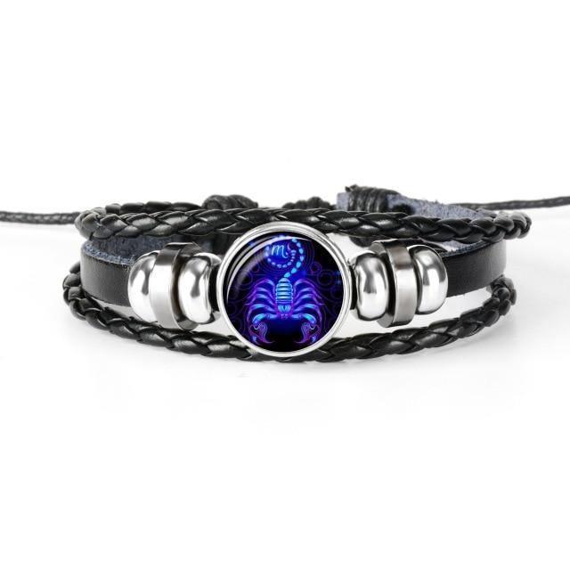 Unique zodiac sign wristbands with a scorpion design, featuring braided leather and metal accents