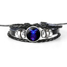 Unique zodiac sign wristbands featuring a braided leather design and a vibrant zodiac symbol centerpiece